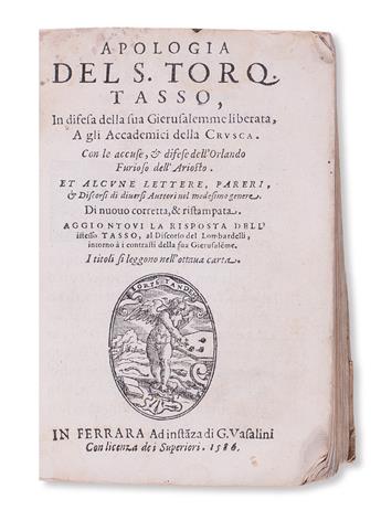 TASSO, TORQUATO; et al. Apologia . . . in Difesa della sua Gierusalemme Liberate [etc.].  1586
